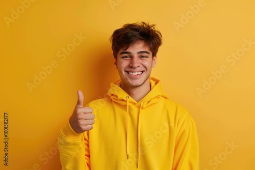 A person wearing a bright yellow hoodie gives a thumbs up, conveying positivity and approval