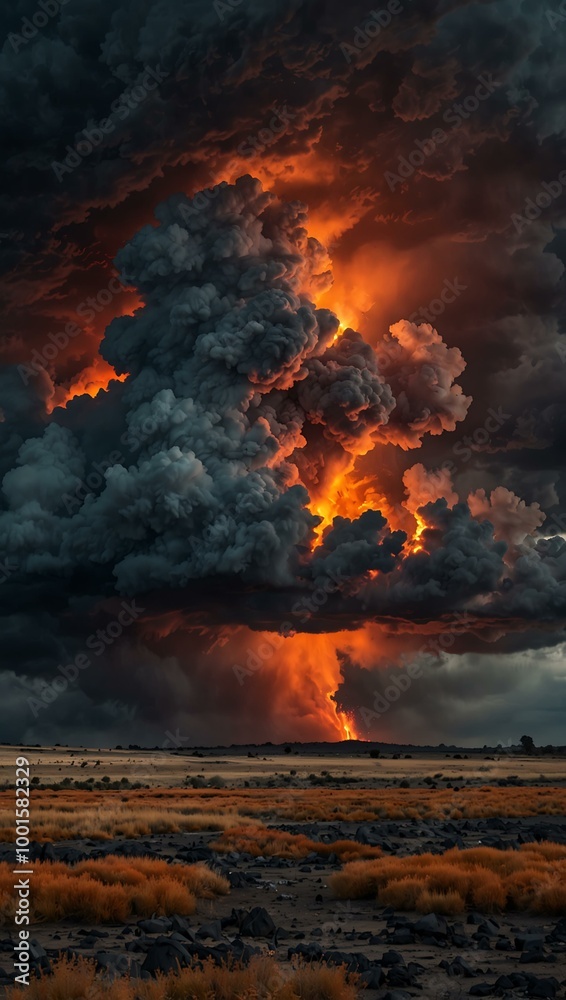 Fiery landscape with glowing embers and dark clouds overhead. Fiery landscape with glowing embers and dark clouds overhead.