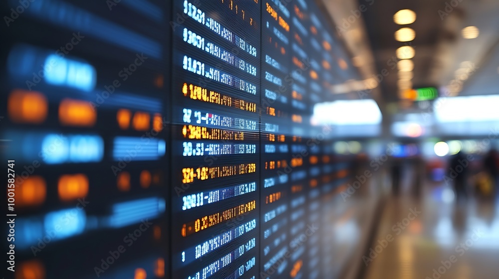 A digital departure board displays flight times and gate information in an airport : Generative AI A digital departure board displays flight times and gate information in an airport : Generative AI