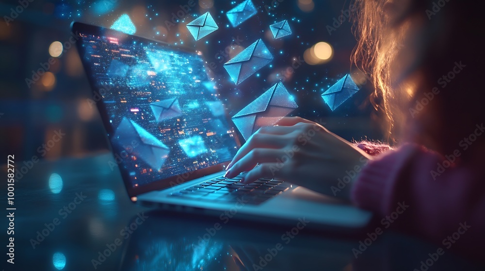 Email Concept With Woman Using Laptop With Graphic Overlay Of Envelopes : Generative AI Email Concept With Woman Using Laptop With Graphic Overlay Of Envelopes : Generative AI