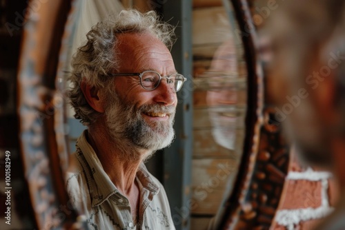 A person looks at their reflection in a mirror, contemplating their appearance