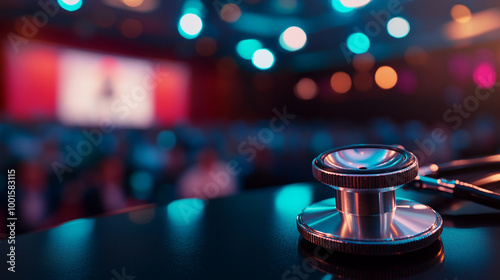A stethoscope rests on a table in a blurred healthcare conference room, symbolizing medical discussions, health innovation, and professional collaboration.
