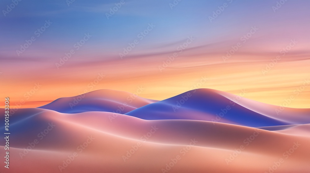 Pink and blue sand dunes under a colorful sunset sky.