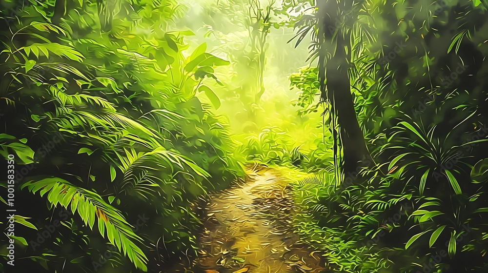 Fototapeta premium Lush, green foliage surrounding the hiking trails in Monteverde Cloud Forest, Costa Rica, captured in a vibrant digital art style
