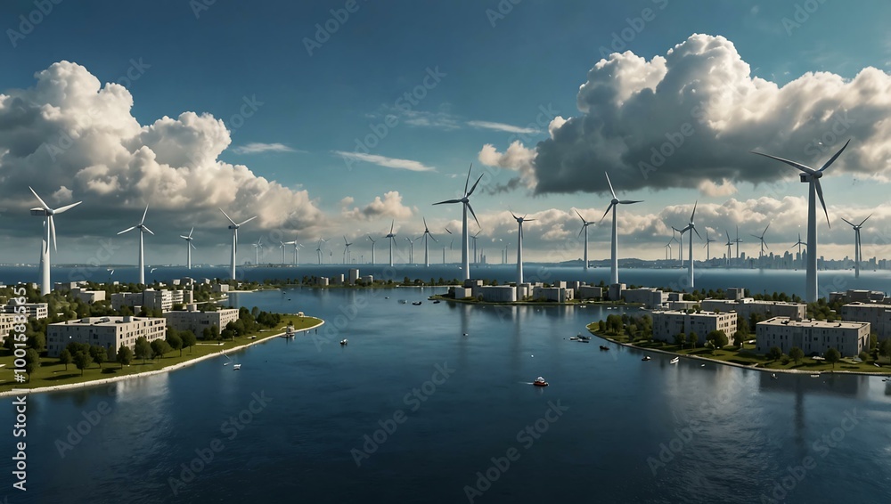 Floating eco-islands with wind turbines above a city. Floating eco-islands with wind turbines above a city.