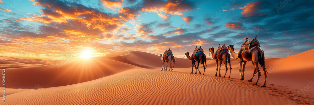 A caravan of camels walks across a vast desert landscape at sunset.