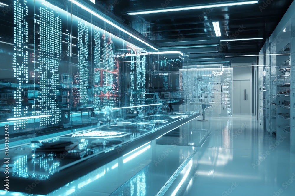 Futuristic data center with neon lights and advanced technology in a server room Futuristic data center with neon lights and advanced technology in a server room
