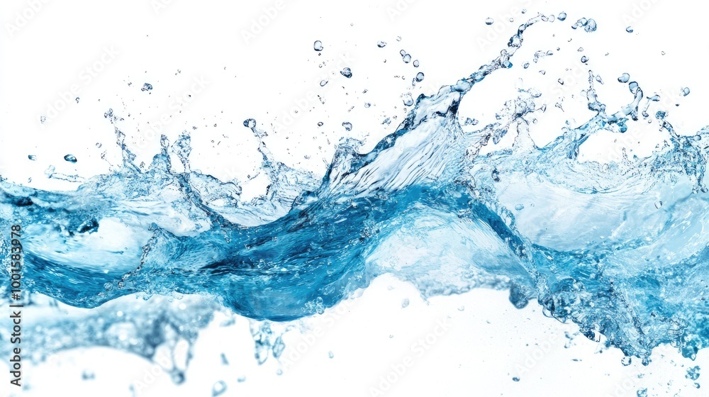High-resolution blue water splash isolated on a white background, emphasizing the dynamic motion and detailed splashing effects High-resolution blue water splash isolated on a white background, emphasizing the dynamic motion and detailed splashing effects