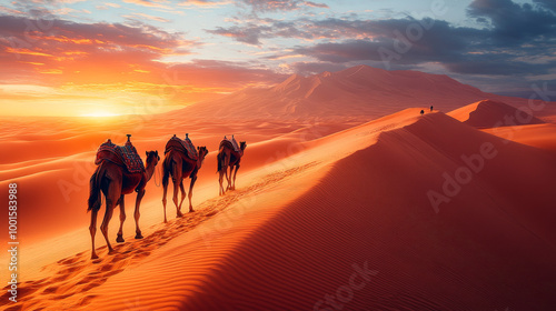 Camels walk across a vast desert under a vibrant sunset sky.