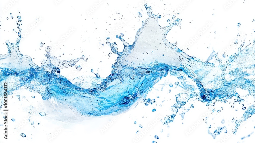 High-resolution image of a blue water splash frozen mid-air against a white backdrop, showcasing the fluidity and clarity of the splash High-resolution image of a blue water splash frozen mid-air against a white backdrop, showcasing the fluidity and clarity of the splash