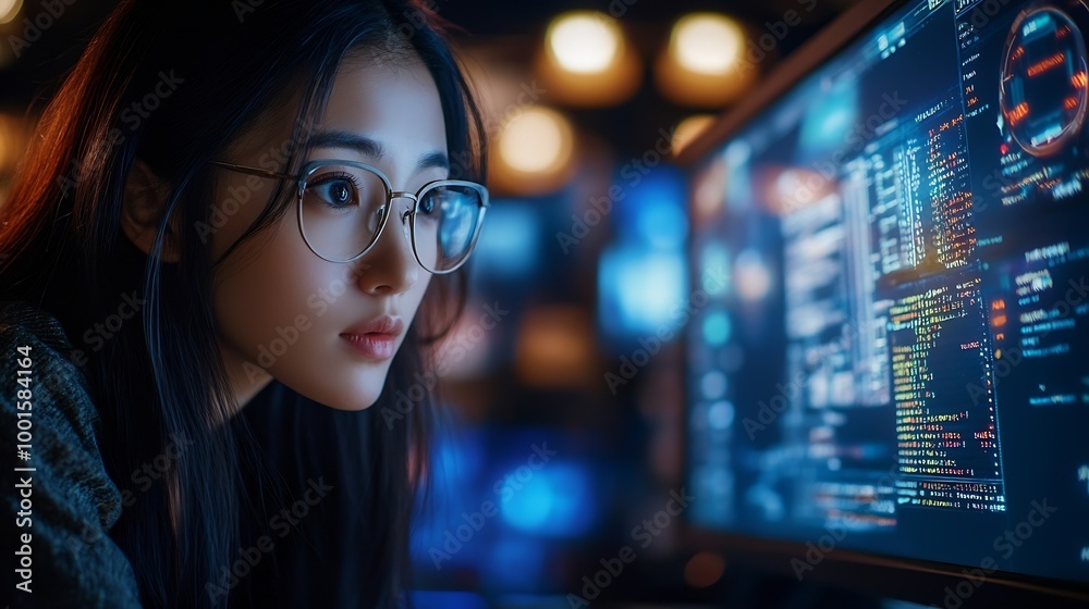 Female Asian Game Programmer Coding On Desktop Computer In Game Development Studio Diverse Office Focused Woman Writes Lines Of Code Does AI Engineering For New Immersive 3D Survival V : Generative AI Female Asian Game Programmer Coding On Desktop Computer In Game Development Studio Diverse Office Focused Woman Writes Lines Of Code Does AI Engineering For New Immersive 3D Survival V : Generative AI