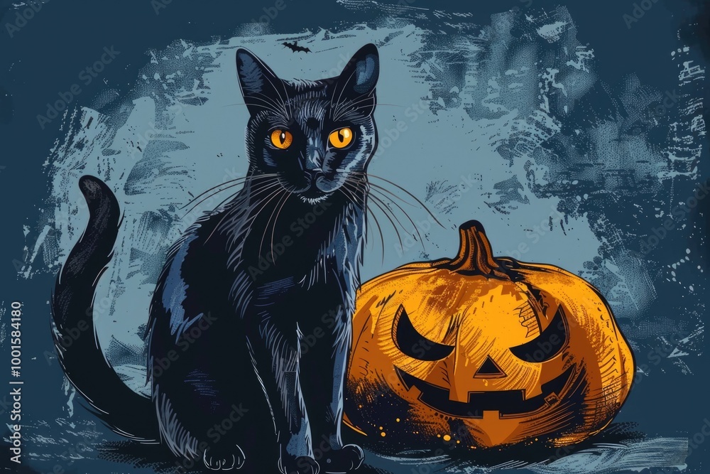 A black cat is sitting next to a pumpkin A black cat is sitting next to a pumpkin