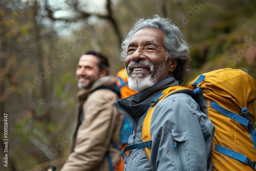 Two men are smiling and standing in a field of flowers, generative ai image