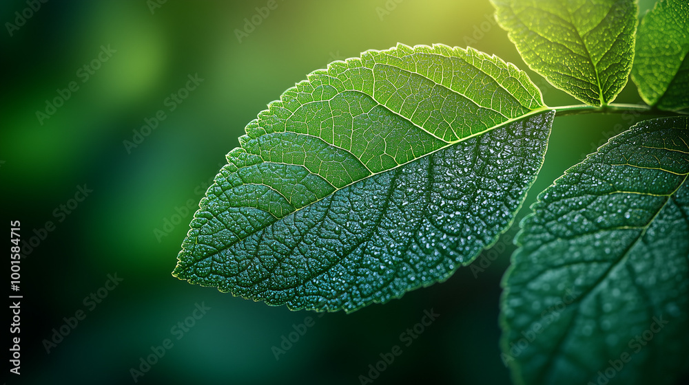 En macro, une feuille verte isolée brille sous l'eau, capturant la fraîcheur du printemps dans le jardin. Les détails de la texture et la couleur évoquent l'accroissement luxuriant de la flore estival En macro, une feuille verte isolée brille sous l'eau, capturant la fraîcheur du printemps dans le jardin. Les détails de la texture et la couleur évoquent l'accroissement luxuriant de la flore estival