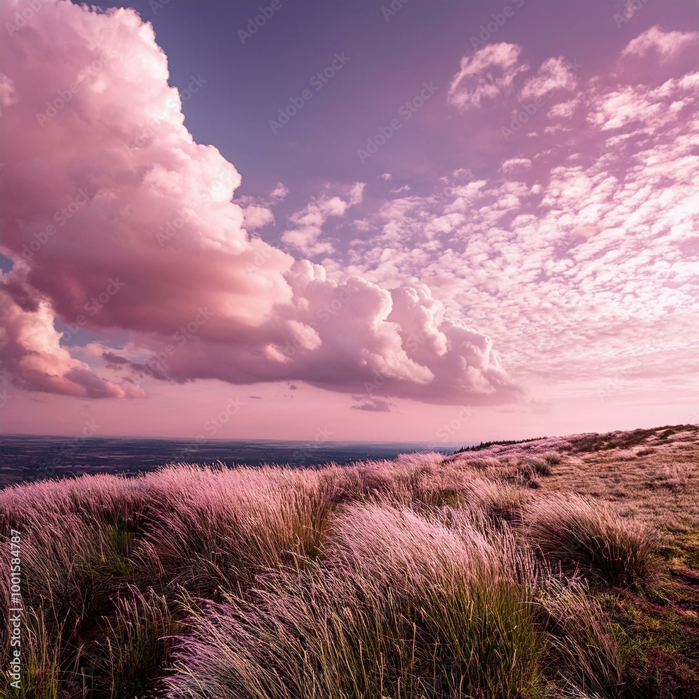 Fototapeta premium Pink sky with beautiful natural white clouds
