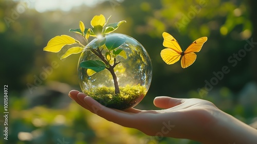 Earth crystal glass globe ball and growing tree in human hand flying yellow butterfly on green sunny background Saving environment save clean planet ecology concept Card for World Eart : Generative AI photo