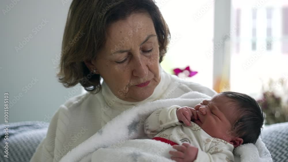 Grandmother holding newborn baby, gazing down lovingly, capturing a moment of warmth and connection in a cozy home setting Grandmother holding newborn baby, gazing down lovingly, capturing a moment of warmth and connection in a cozy home setting