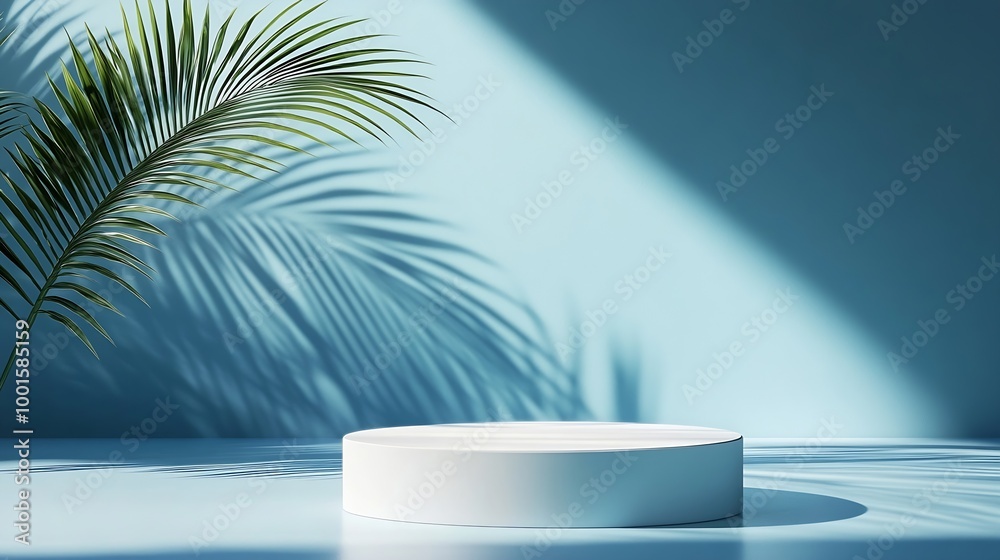 An elegantly simple white podium setup with the serene shadow of a palm leaf cast on a smooth blue background : Generative AI An elegantly simple white podium setup with the serene shadow of a palm leaf cast on a smooth blue background : Generative AI