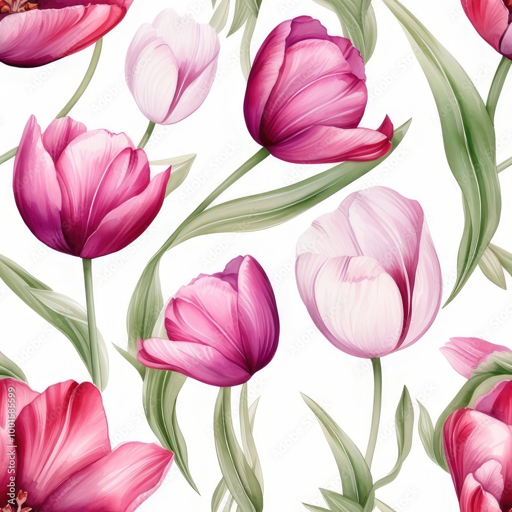 Obraz premium watercolor pink tulips on a white background seamless pattern