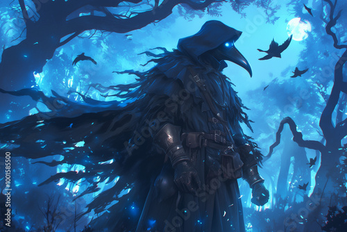 lone plague doctor in tattered robes standing among moonlit trees with glowing blue eyes and crows flying overhead in a dark forest