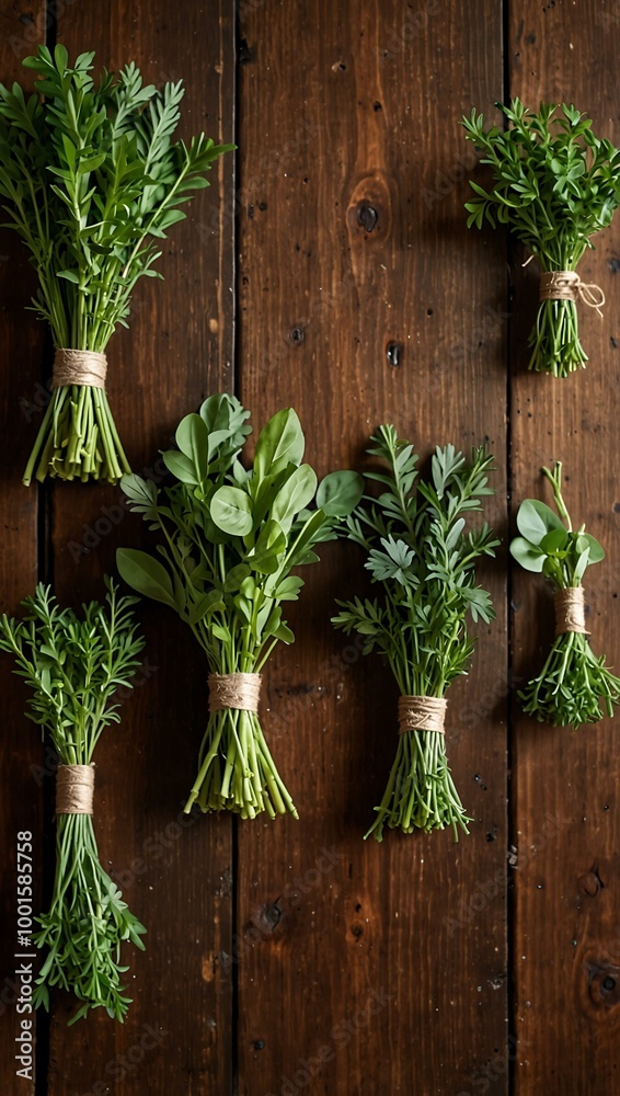Fresh Green Herbs Displayed on a Wooden Table Fresh Green Herbs Displayed on a Wooden Table