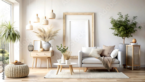 Home mockup, room in light pastel colors, Scandi-Boho style, 3d render, white Mock up frame