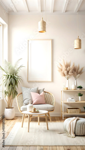 Home mockup, room in light pastel colors, Scandi-Boho style, 3d render, white Mock up frame