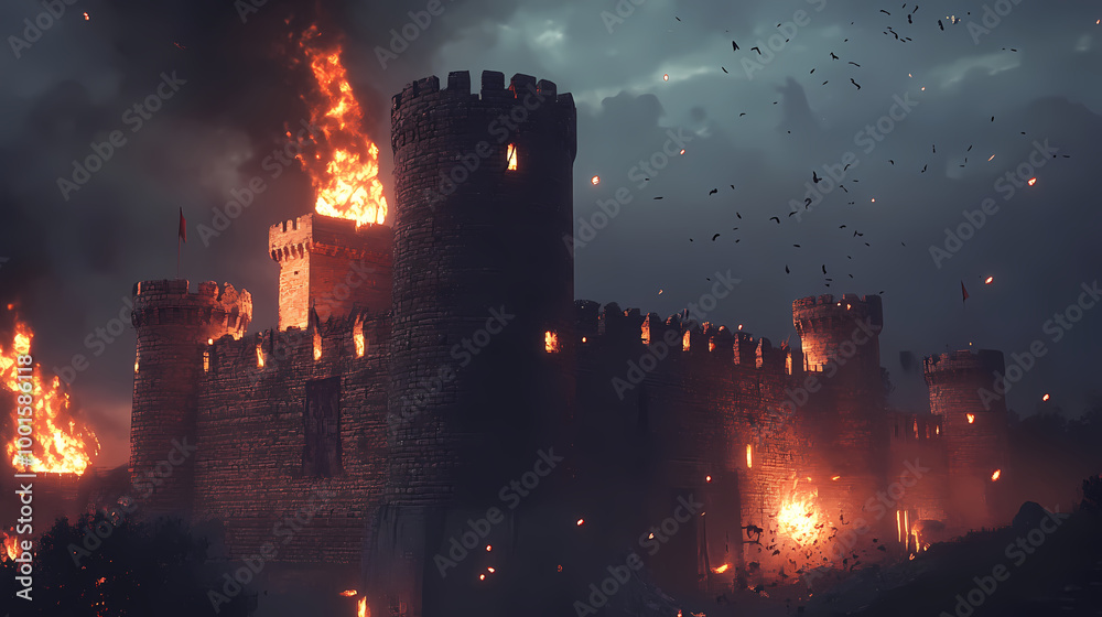 Fototapeta premium A medieval castle under siege with flaming arrows lighting up the night sky ai generated illustration. Medieval Castle Siege. Illustration