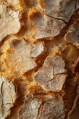 close-up of the crusty, golden-brown exterior of sourdough bread, showcasing its intricate textures and flaky crust photo