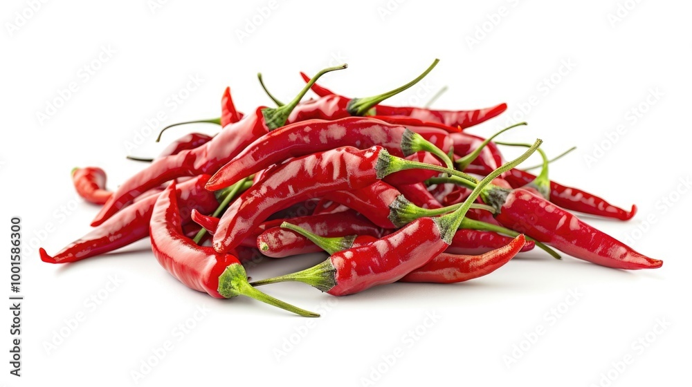 A collection of bright red chili peppers arranged on a clean white surface A collection of bright red chili peppers arranged on a clean white surface