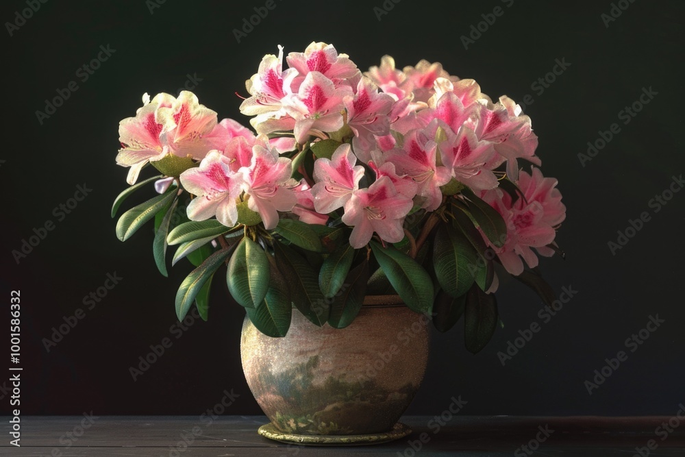 A still life image of pink flowers arranged in a vase, placed on a table A still life image of pink flowers arranged in a vase, placed on a table