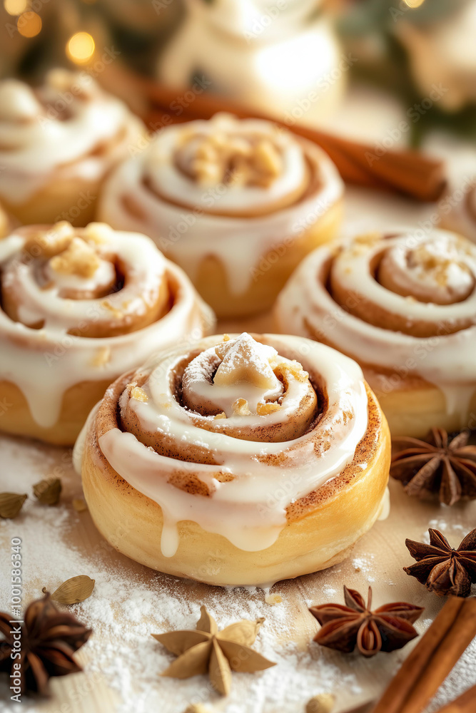 delicious cinnamon roll with a white glaze drizzled on top, surrounded by other swirls of cinnamon rolls placed in an elegant pattern on the table. delicious cinnamon roll with a white glaze drizzled on top, surrounded by other swirls of cinnamon rolls placed in an elegant pattern on the table.