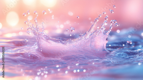 En gros plan, des gouttelettes d'eau claires et transparentes éclaboussent dans un mouvement abstrait. Les ondes bleu clair évoquent la fraîcheur et l'humidité d'un liquide frais, créant une couronne  photo