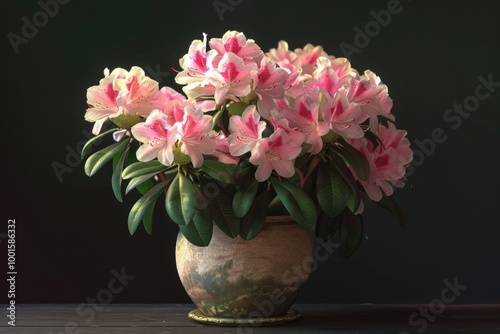 A still life image of pink flowers arranged in a vase, placed on a table