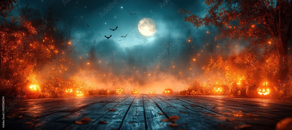 Fototapeta premium Foggy Forest with Halloween Decorations and Full Moon