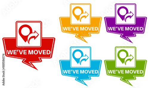 set banner We have moved icon. location moving announcement symbol labels design vector illustration