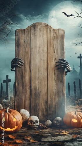 Wooden sign with Halloween decorations on a fuzzy cemetery background