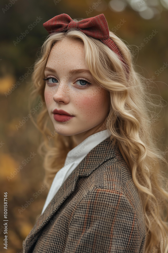 Naklejka premium beautiful blonde woman dressed in vintage attire, wearing a headband with a red bow, with her hair down and wavy, posing for an outdoor photoshoot in the autumn countryside. 