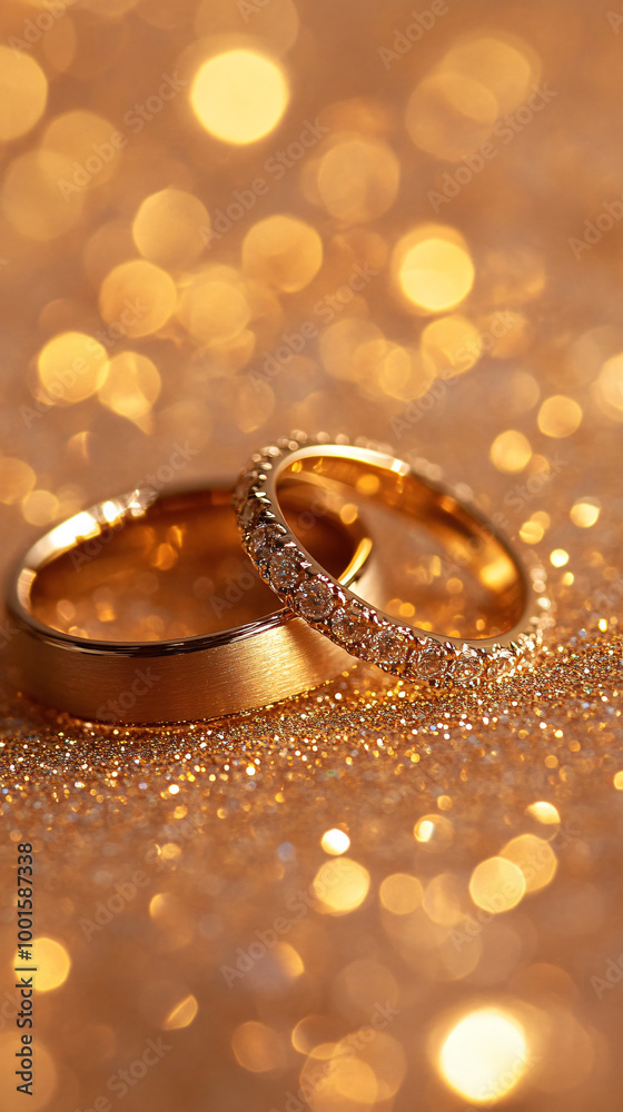 Two golden wedding rings are laying on a golden glitter background with sparkling bokeh Two golden wedding rings are laying on a golden glitter background with sparkling bokeh