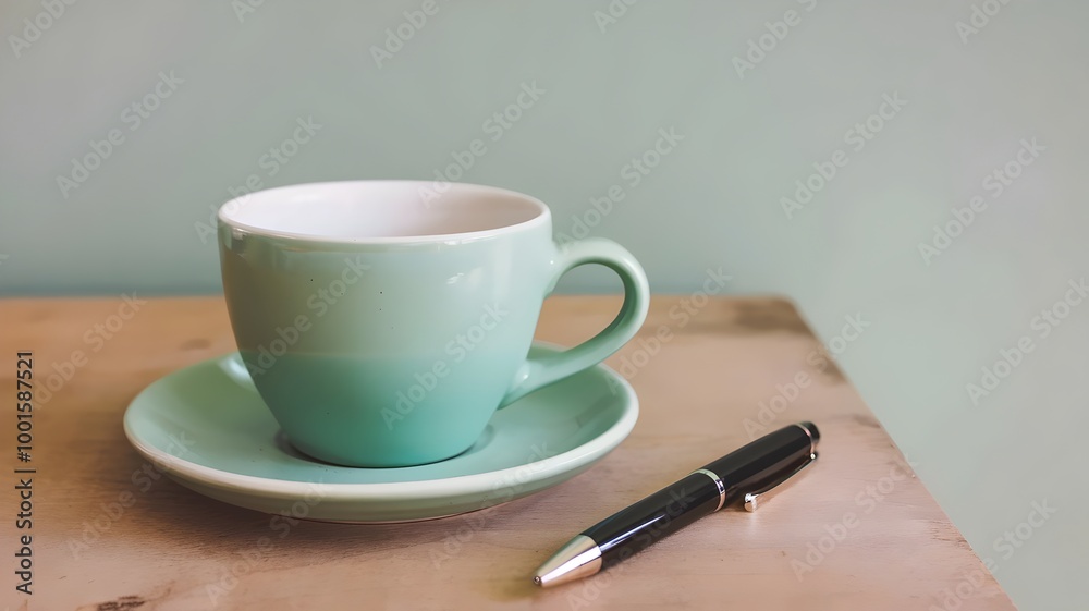 Coffee cup and pen on a wooden surface Coffee cup and pen on a wooden surface