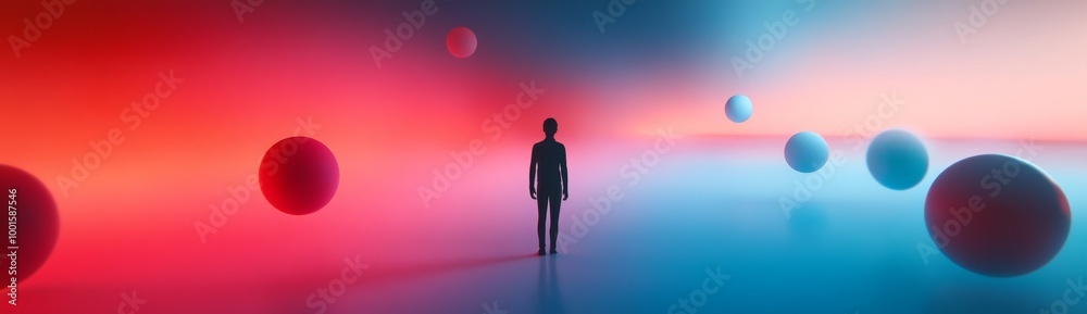 Fototapeta premium Person Standing Amid Glowing Orbs And Floating Bubbles