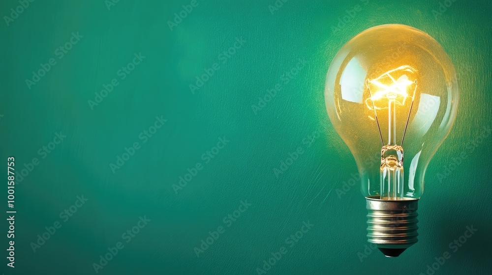 Lightbulb glowing softly against a vibrant green background, perfect for adding your text or message Lightbulb glowing softly against a vibrant green background, perfect for adding your text or message