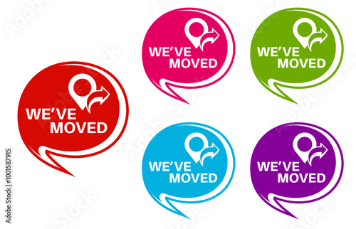 Set collections stylish we've moved trendy colorful icon signs. relocate location labels design template Vector illustration