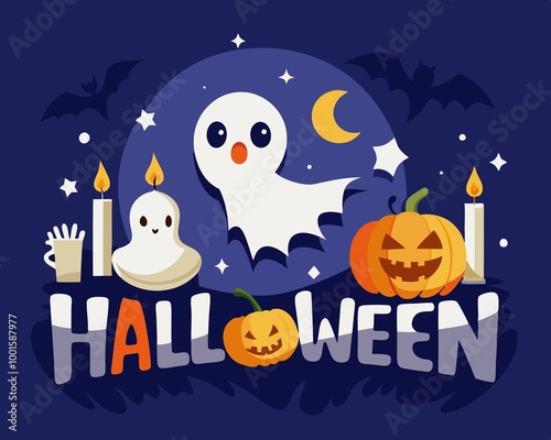 Happy Halloween text design, ghost, bat flying pumpkins, candle, moonnight, banner design on dark blue background, Eps 10 vector illustration photo