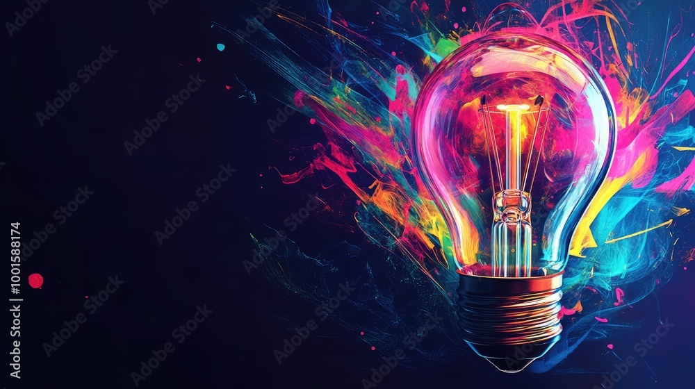 Lightbulb with vibrant, swirling colors and clear space for text overlay