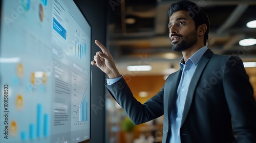 Modern South Asian Business Office Meeting Confident Indian Manager Uses Interactive Display Makes Report to a Group of Corporate Partners Shows Statistics Growth and Financial Analyti : Generative AI photo