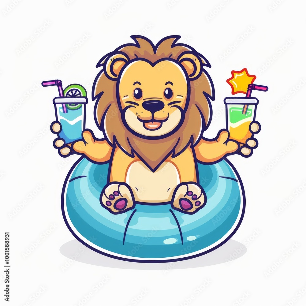 Fototapeta premium Cute lion Chill On Swimming Tires With Juice Cartoon Vector Icon Illustration
