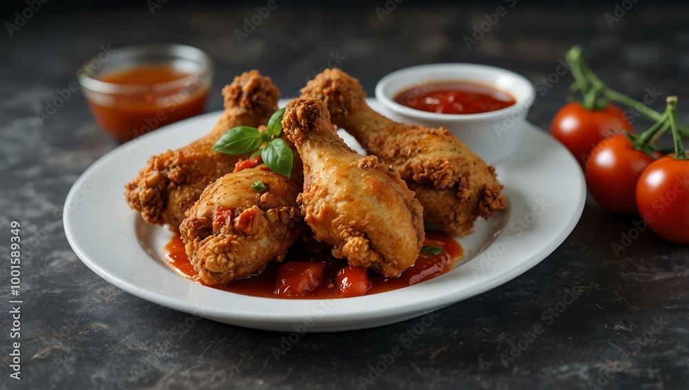 Fried chicken on a white plate with tomato and chili sauce. Fried chicken on a white plate with tomato and chili sauce.