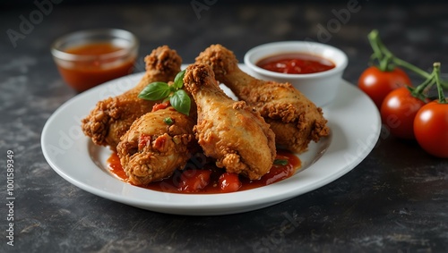 Fried chicken on a white plate with tomato and chili sauce.