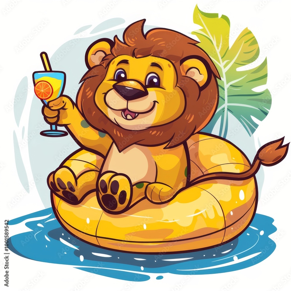 Naklejka premium Cute lion Chill On Swimming Tires With Juice Cartoon Vector Icon Illustration